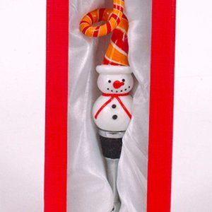 Snowman Blown Glass Wine Bottle Stopper 7" Tall